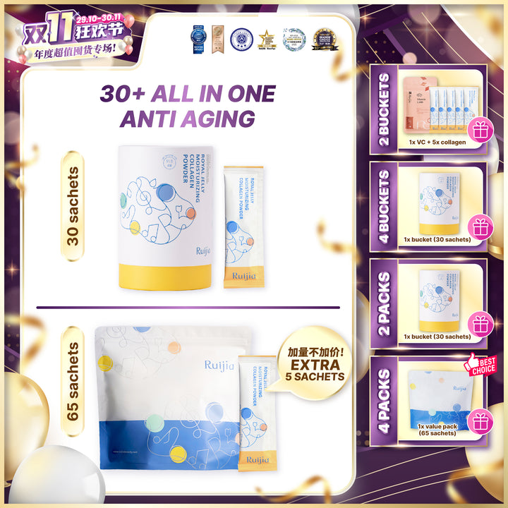 RUIJIA 蜂王胜肽新生胶原蛋白粉桶装 - 黄色 (30条)