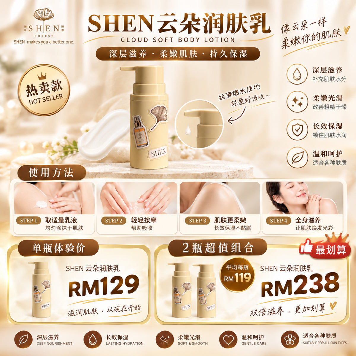【LIMITED PROMO】SHEN Cloud Soft Body Lotion 云朵润肤乳 150g (pre-order, ship ...